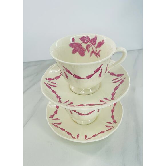 2 Williamsburg Husk by WEDGWOOD Footed Cup & Saucer Set, Teacup Ribbon Floral - Picture 2 of 11